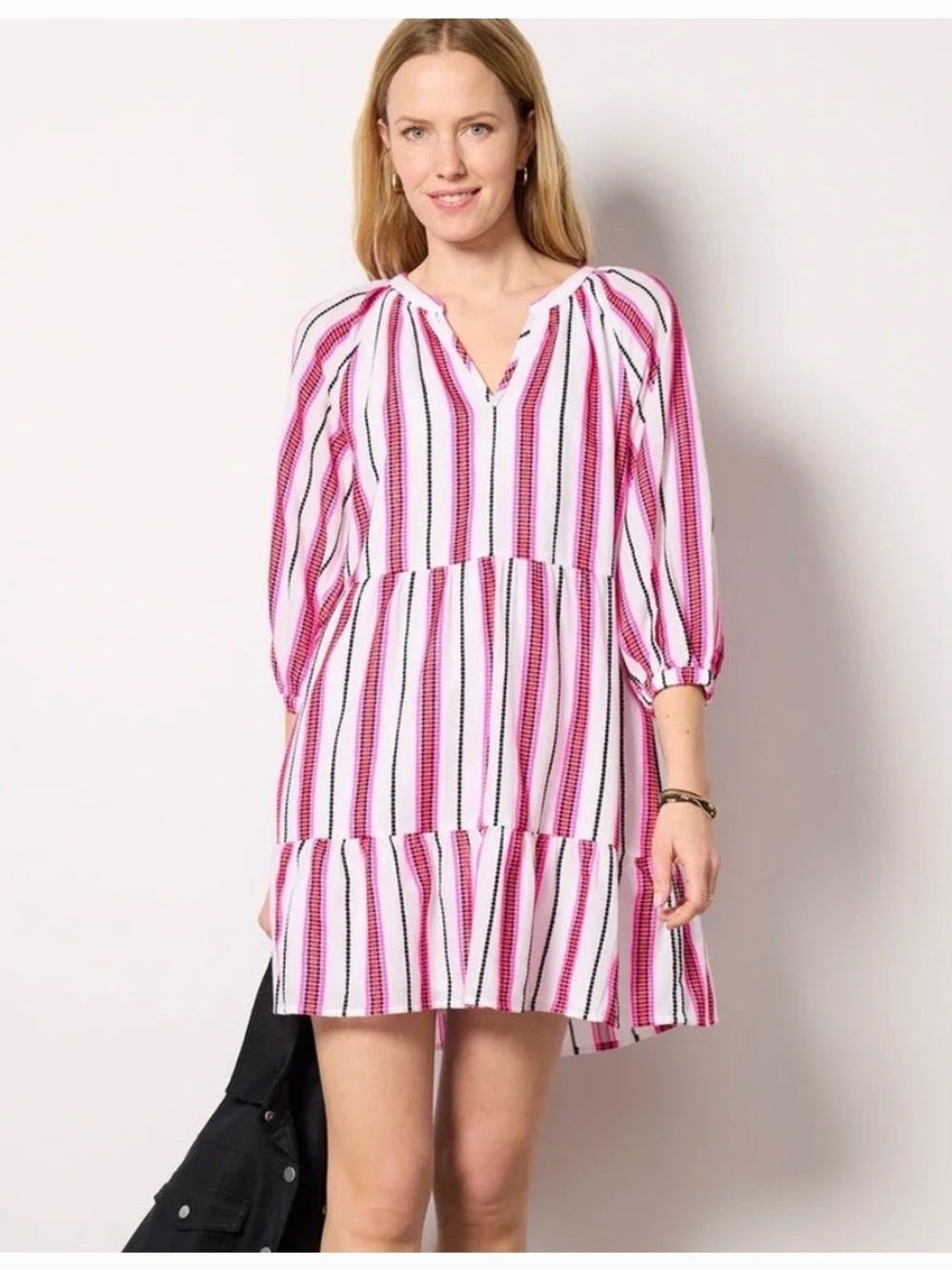 Evereve Pink, White & Black Striped Tiered Dress